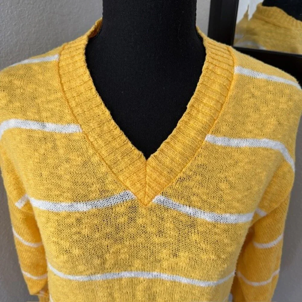 VINTAGE 80s DVF Diane Von Furstenberg Yellow Striped V-Neck Sweater Small